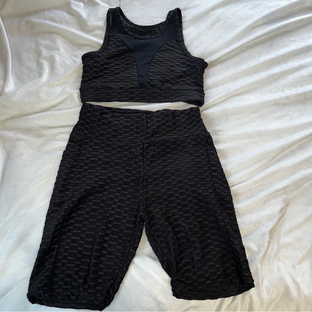 Black Textured Crop Top and Shorts Set 1X Plus Size
